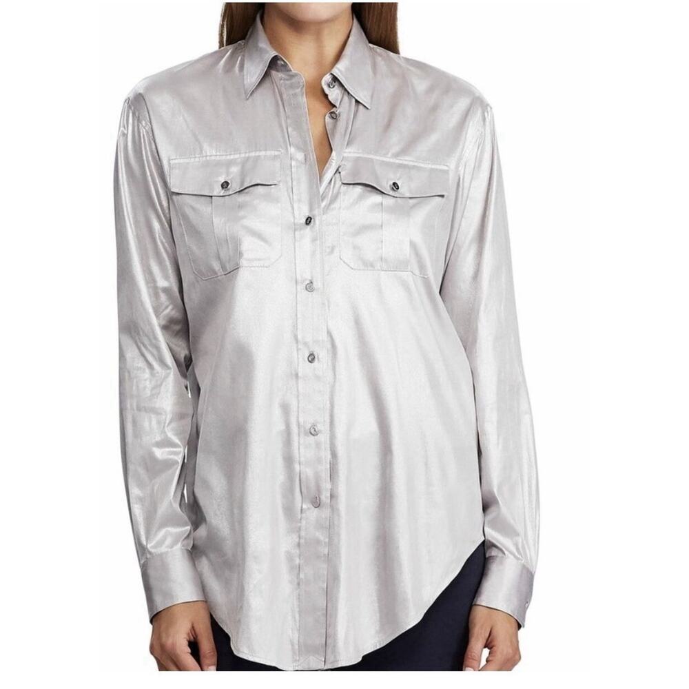 Ralph Lauren Women Plus 3X Silver Shimmer Button Up Blouse Slinky Lite Tunic NEW